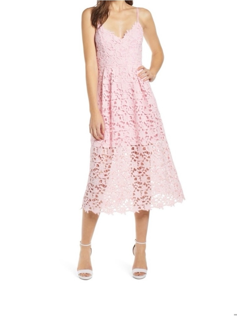 ASTR The Label Pink Lace Midi Dress with Spaghetti Straps